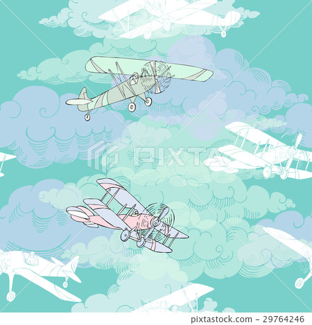 Seamless pattern with clouds and airplanes - Stock Illustration ...