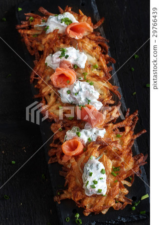 Latkes with cream cheese and salmon 29766439
