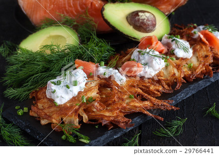 Latkes with cream cheese and salmon 29766441