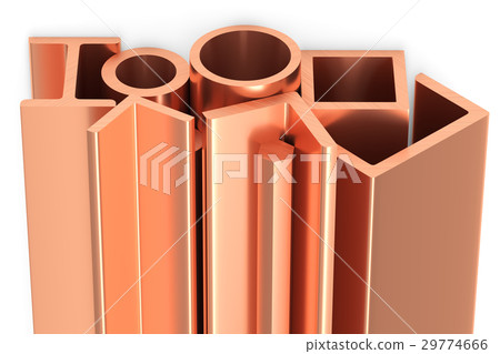 Shiny rolled copper metal products on white 29774666