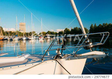 Riga, Latvia. Bow of  White Yacht Moored At Cit 29774677