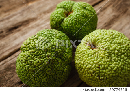 Green osage orange on wooden background closeup 29774726