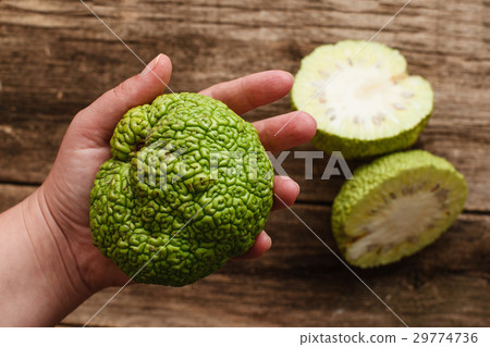 Woman showing green tropical fruit flat lay 29774736