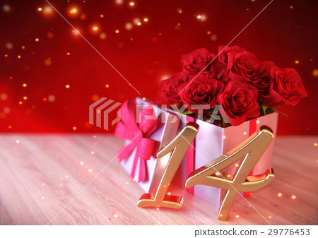 birthday concept with red roses in gift on wooden 29776453