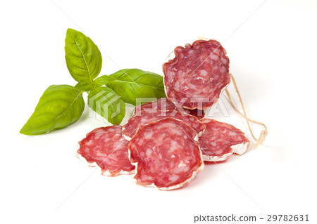 Salami sliced on the white background 29782631