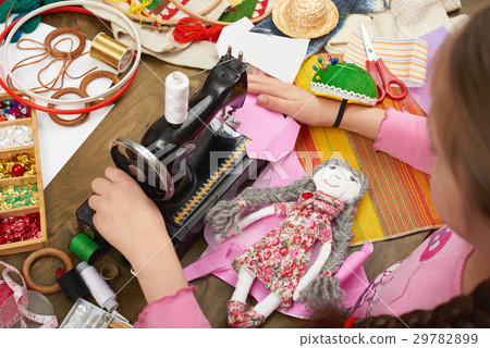 girl sews doll clothes top view sewing accessories girl sews doll clothes top view sewing accessories 29782899