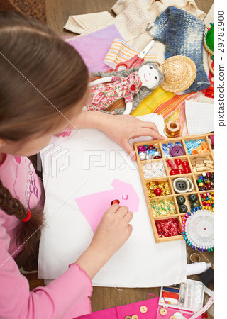 girl sews doll clothes top view sewing accessories girl sews doll clothes top view sewing accessories 29782900