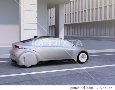 Silver automatic driving car approaching the intersection Silver automatic driving car approaching the intersection 29785456