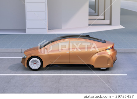 Automatic driving car of champagne gold color stopping at the side of the road. original design. Automatic driving car of champagne gold color stopping at the side of the road. original design. 29785457