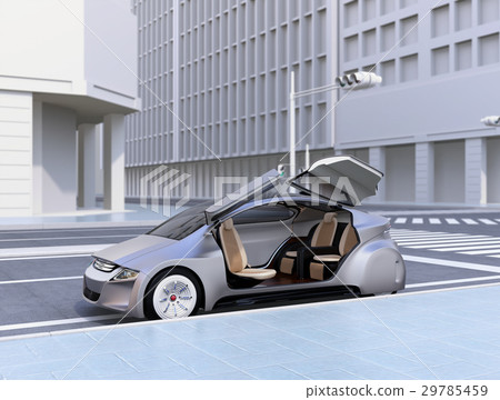 Automatic driving car of matte silver color stopped at the side of the road 29785459