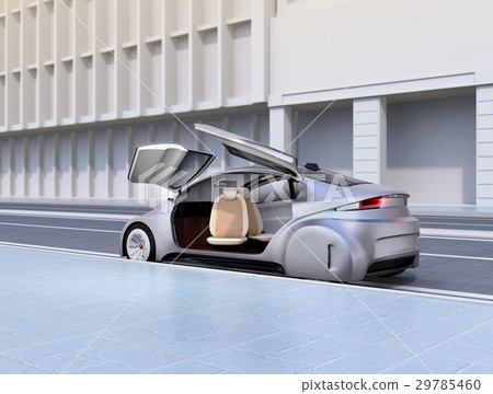 Automatic driving car of matte silver color stopped at the side of the road 29785460