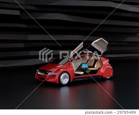 自動駕駛汽車的前座向後旋轉，筆記本電腦放在後座的桌子上 29785489