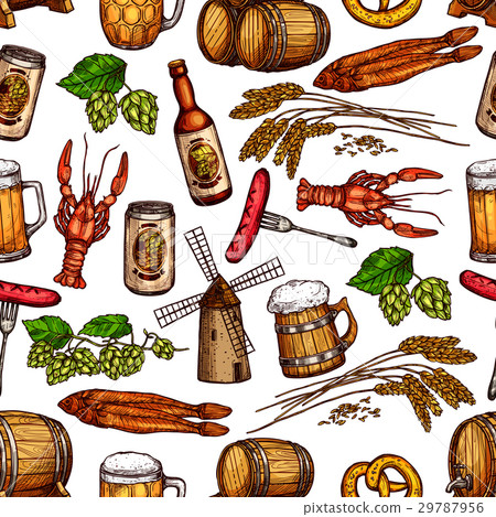Beer pub snacks and drinks vector seamless pattern 29787956