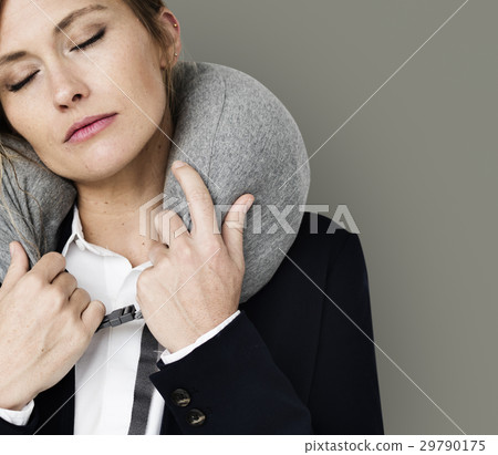 Caucasian Woman Travel Pillow Concept Caucasian Woman Travel Pillow Concept 29790175