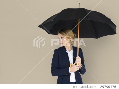 Business Woman Looking Back Umbrella Concept Business Woman Looking Back Umbrella Concept 29790176