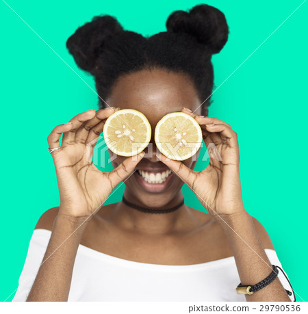 Woman Smiling Happiness Cover Eye Playful Lemon Portrait 29790536