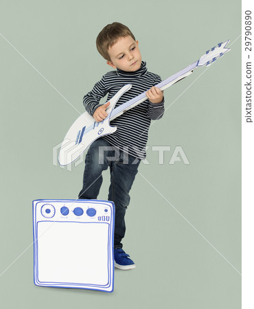 Caucasian Little Boy Playing Papercraft Guitar 29790890