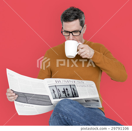 Man Reading Newspaper Information Coffee Drinking 29791106