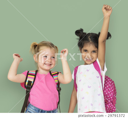 Little Girls Hands Up Cheerful Happy Little Girls Hands Up Cheerful Happy 29791372