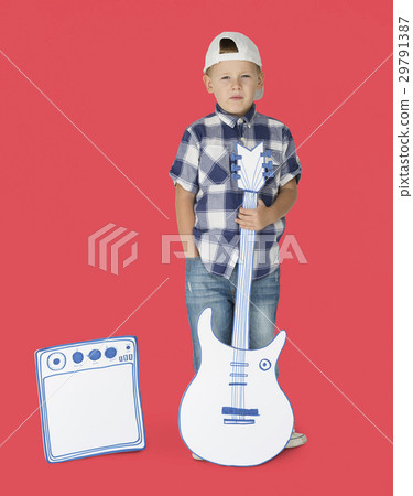 Portrait of a Little Blond Caucasian Boy with Guitar Isolated Portrait of a Little Blond Caucasian Boy with Guitar Isolated 29791387