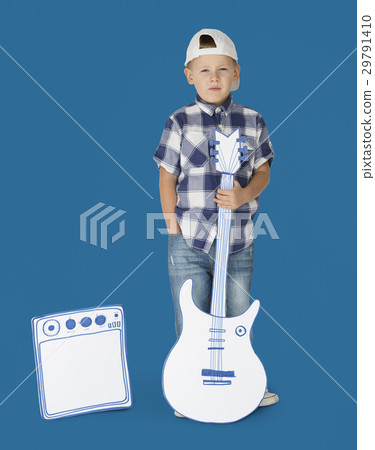 Portrait of a Little Blond Caucasian Boy with Guitar Isolated 29791410