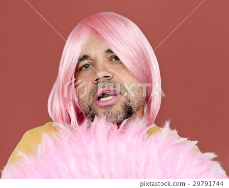 A Man With Pink Wig and Pink Lipstick Staring 29791744