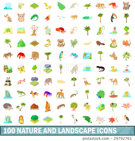 100 nature and landscape icons set, cartoon style - Stock Illustration ...