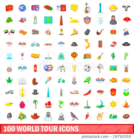 100 world tour icons set, cartoon style 29792858