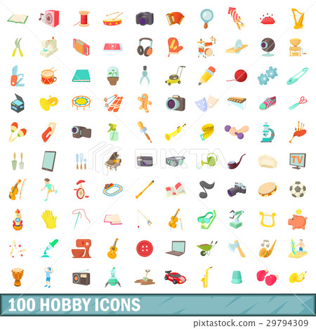 100 hobby icons set, cartoon style 29794309