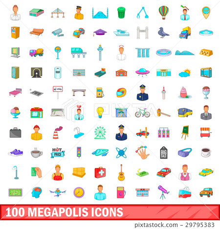 100 megapolis icons set, cartoon style 29795383