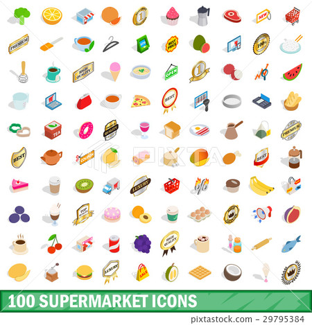 100 supermarket icons set, isometric 3d style 29795384