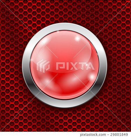 Red round glass button with metal frame on red 29801849
