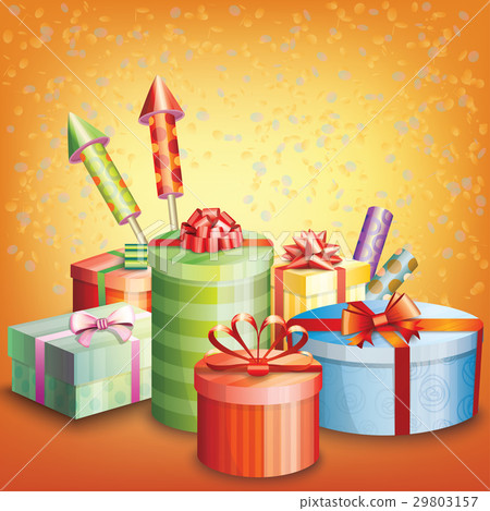 Composition of gift boxes, fireworks and confetti Composition of gift boxes, fireworks and confetti 29803157