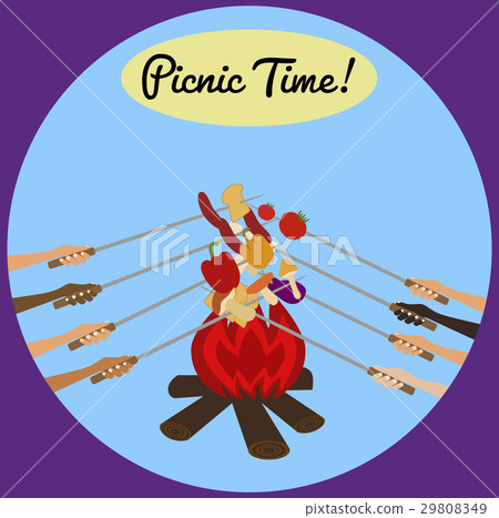 Picnic poster with human hands around campfire Picnic poster with human hands around campfire 29808349