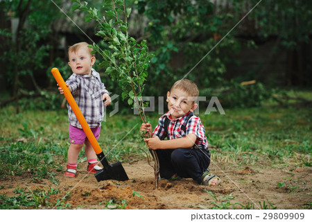 little funny boy with shovel in garden little funny boy with shovel in garden 29809909