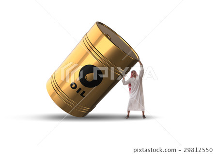 Arab businessman supporting oil barrel Arab businessman supporting oil barrel 29812550