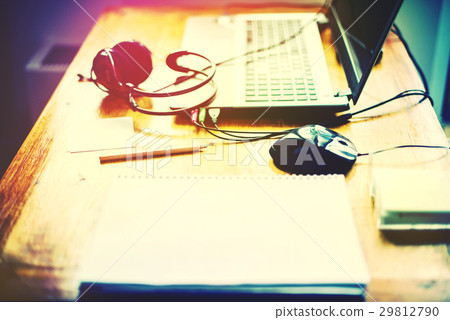 Laptop Earphones Mouse Vintage Table Laptop Earphones Mouse Vintage Table 29812790