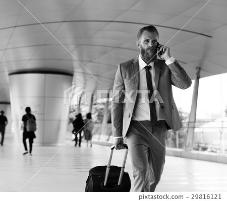 Businessmen Walk Call Phone Luggage Business Trip 29816121