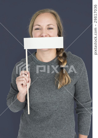 Caucasian Woman Holding Flag Covering Mouth 29817036