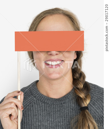 Caucasian Woman Holding Flag Covering Eyes 29817120