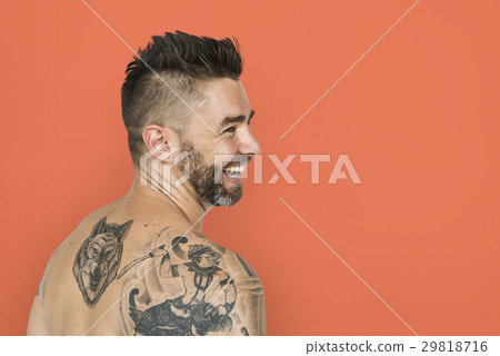 Caucasian Man Back Tattoo Smiling Caucasian Man Back Tattoo Smiling 29818716