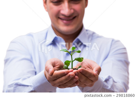 Man holding green seedling isolated on white Man holding green seedling isolated on white 29818860