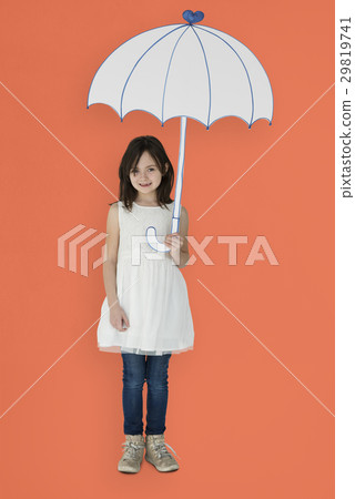 Portrait of a Little Caucasian Girl Smiling with an Umbrella Isolated 29819741