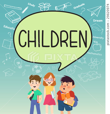 Girls and boys pupils with children speakbubble. Girls and boys pupils with children speakbubble. 29820974