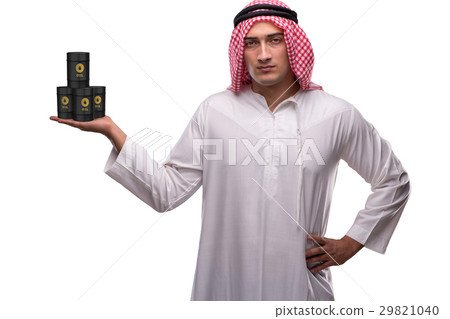Arab businessman holding oil barrel on white Arab businessman holding oil barrel on white 29821040