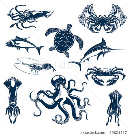 Sea fish and ocean animals vector isolated icons 29821357