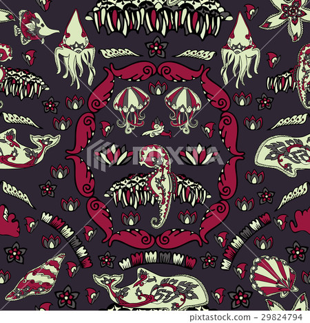 Seamless pattern with seashells, corals and fishes Seamless pattern with seashells, corals and fishes 29824794