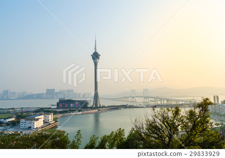 Macau tower and city in evening at macau china 29833929