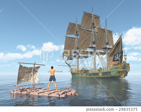 Man on a raft and pirate ship 29835375