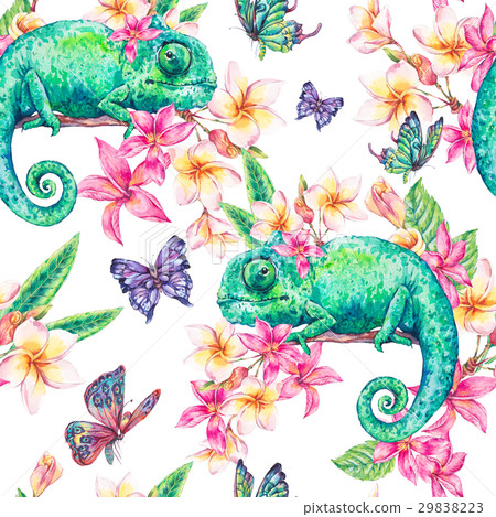 Watercolor seamless pattern with green chameleon Watercolor seamless pattern with green chameleon 29838223